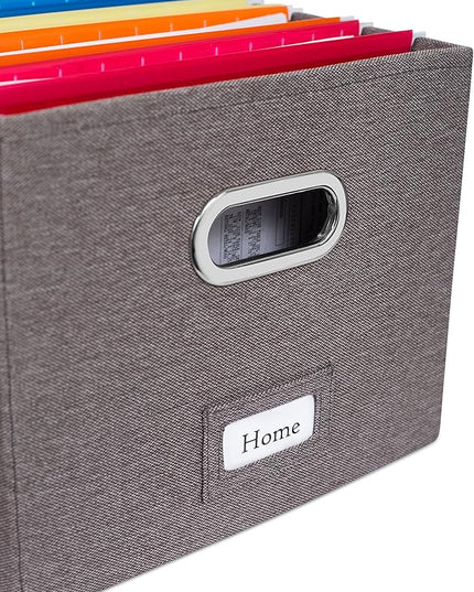 Internet's Best Collapsible File Storage Organizer with Lid - Decorative Linen Filing & Storage Office Box – Hanging Letter/Legal Folder – Home Office Bins Cabinet – Grey Container - 4 Pack
