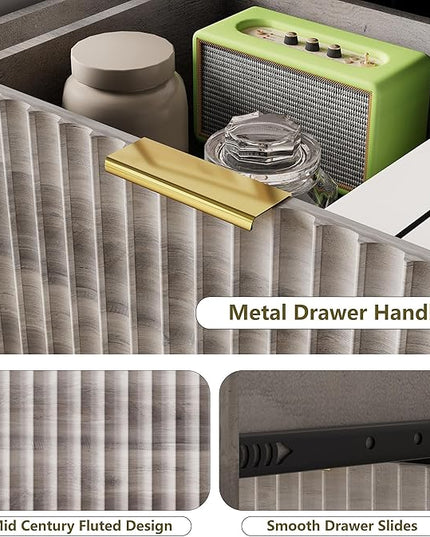 Fluted Dresser for Bedroom, 8 Drawer Dressers & Chest of Drawers, Mid Century Modern Dresser for Closet Boho Bedroom Furniture, Nature Wood Chest of Drawers Storage Organizer for Living Room,Grey