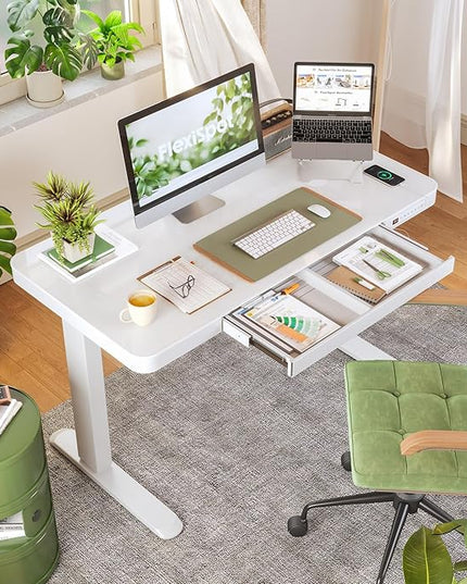 FLEXISPOT Comhar Electric Pure Glass Standing Desk with Drawer Desktop & USB Charge Ports, 48" Ergonomic Height Adjustable Sit to Stand Desk for Home Office (White, Glass)
