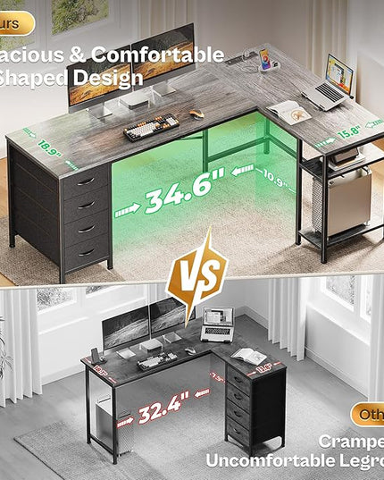 Huuger 63 Inch L Shaped Desk with Fabric Drawers, Reversible Computer Gaming Desk with Power Outlets and USB-C Port, Adjustable Side Storage Shelves, for Work Study Corner Home Office, Grey