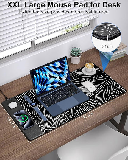 TopMade Mouse Pad with 15W Fast Wireless Charging, 31.5"x15.75" XXL Large Gaming Waterproof Desk Pad with Ultra-Smooth Surface, Non-Slip Base, Computer Desk Mat, Black Topographic Map #1