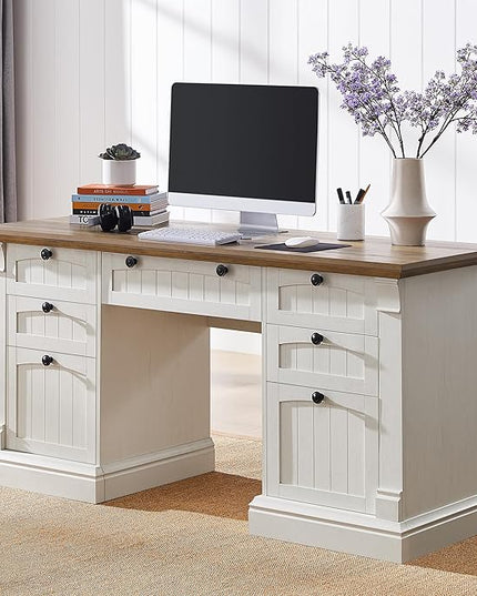 OKD 60" Executive Desk with Drawers, Farmhouse Home Office Desk with Charging Station, Keyboard Tray, File Cabinet Storage, Wood Computer Desk for Work and Study, Antique White