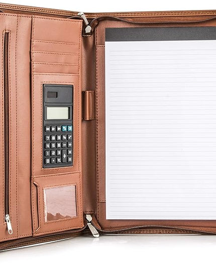 Cossini Premium Business Portfolio with Zipper – Padfolio - Superior Business Impressions Begin with PU Vegan Leather, 10.1 Inch Tablet Sleeve, Smart Storage, Solar Calculator, Writing Pad - Tan