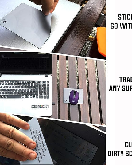 Mouse Pad Adhesive Bottom - Sticks to Any Surface - Portable - Webcam Covers and Screen Cleaner Included (Silver)