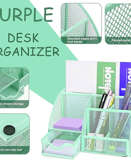 Green Office Desk Accessories Supplies, 12pcs Desk Organizers and Accessories with Tape dispenser and Stapler,Staples,Staple Remover,Pen Holder,Scissor,Ruler,Sticky Tabs,Tape,Ballpoint Pen,Clips Set