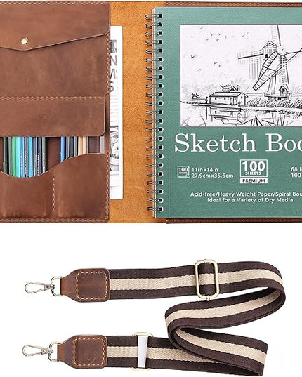 Robrasim Handmade Leather Sketchbook Cover, Artist Sketch Pad Holder for 11"X14" Sketchbook, Drawing Book and Pencil Case, Journal Notebook Portfolio with Shoulder Strap, Artist Gifts, Brown
