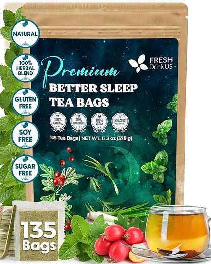 FreshDrinkUS, Premium 135 Tea Bags Better Sleep Herbal Tea | Caffeine-Free Loose Leaf Blend with Spearmint Leaves, Lemongrass Leaves, and Hawthorn Berry – Naturally Refreshing and Aromatic.