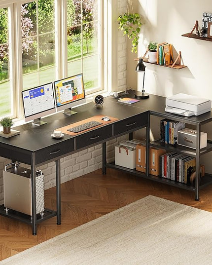 PRAISUN 63 Inch L Shaped Office Desk with Power Outlets and Type-C Port, Large Computer Gaming Desk with 3 Fabric Drawers, Mesh Shelves, Corner Study Work Writing Desk, Black