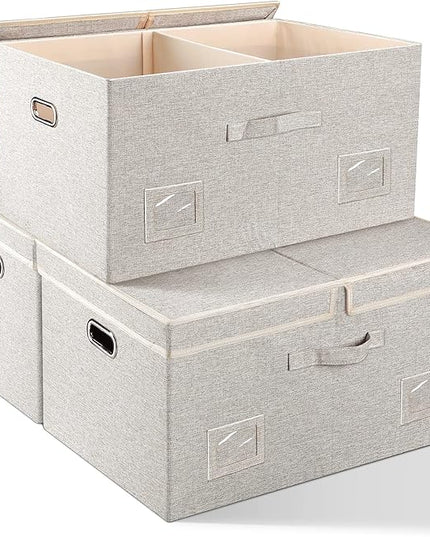 75 Quarts Extra Large Decorative Storage Bins with Lids, 3 Packs Beige Collapsible Storage Bins with Lids, Stackable Storage Bins Decorative Box Storage With Lid Extra Large