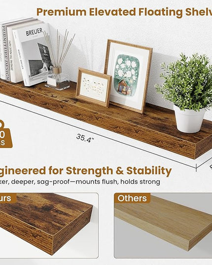 Fun Memories Floating Shelves for Room Wall, 36 Inch Long Shelf Set of 2， Hanging Wood Shelves for Storage & Display, Rustic Brown