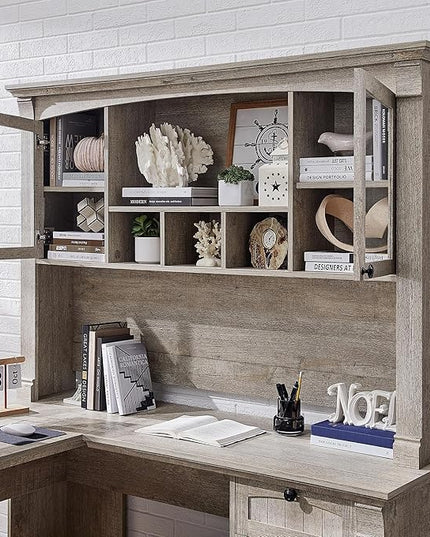 OKD 60" L Shaped Executive Desk with Hutch and Drawers, Farmhouse Home Office Desk with Charging Station, File Cabinet Storage, Wood Corner Computer Desk for Work and Study, Light Rustic Oak