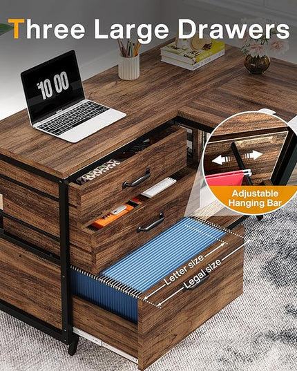 Tribesigns L-Shaped Computer Desk with 3 Drawers, Reversible Corner Home Office Desk with Shelves, 53-Inch Industrial PC Desk Study Writing Table Workstation for Small Space, Rustic Brown