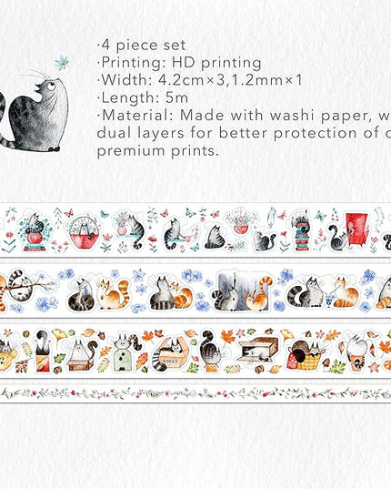 WT Chonky Cat Washi Tape Sticker Set, 4 Rolls, Original Designs, Watercolor Cute Cat Decorative Sticker, Kiss-Cut Craft Sticker, Bujo Planner Supplies, Journals Gifts, DIY Paper Sticker