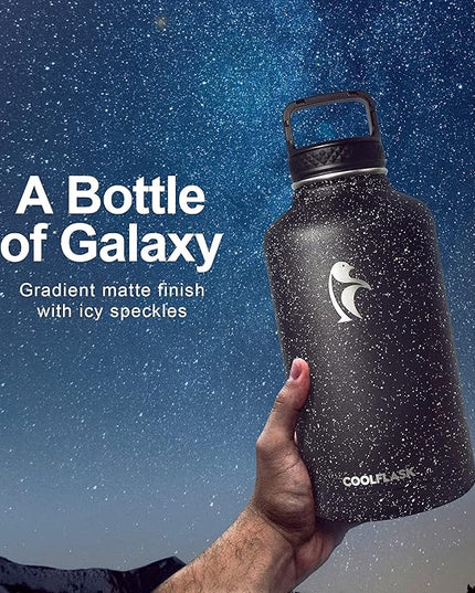 Coolflask 64 oz Insulated Water Bottle with Straw&3 Lids, Half Gallon Insulated Water Jug Galaxy Large Metal Stainless Steel Flask for Gym, Sports and Office, Keep Cold 48H Hot 24H, Starry Night