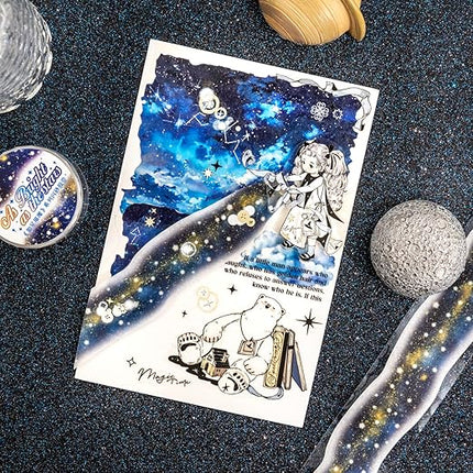 AuriicLeaf Galaxy-Themed Washi Tape Set, 4 Rolls of Decorative Glitter Tapes for Scrapbooking, Junk Journaling, DIY Crafts, and Art Supplies