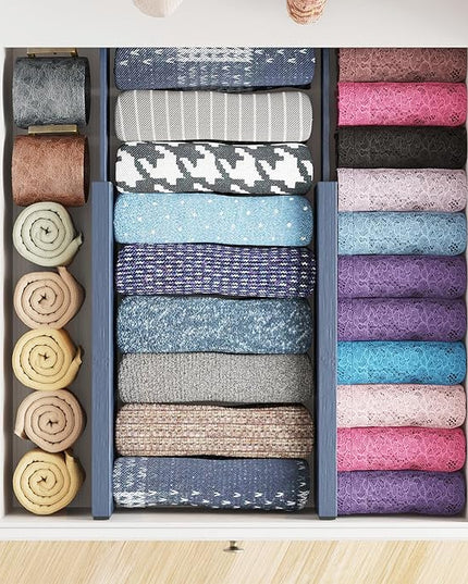 SpaceAid Bamboo 4 Pack Dresser Drawer Dividers, 4.65“ High Adjustable 12.5“-17” Drawer Organizers, Expandable Organization for Clothing, Clothes, Dressers, Navy Blue