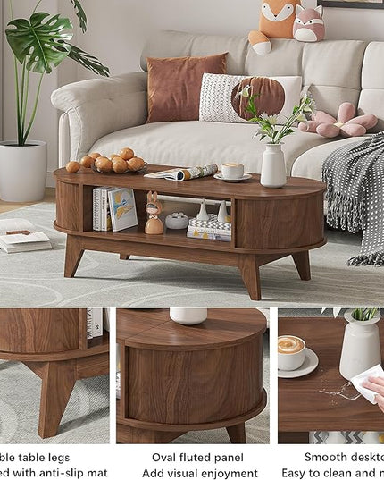 Coffee Table with Storage,Mid Century Modern Coffee Tables with 2 Flip-Top Hidden Lids,Fluted Coffee Table,Wood Center Tables for Living Room Home Office (Walnut Color)