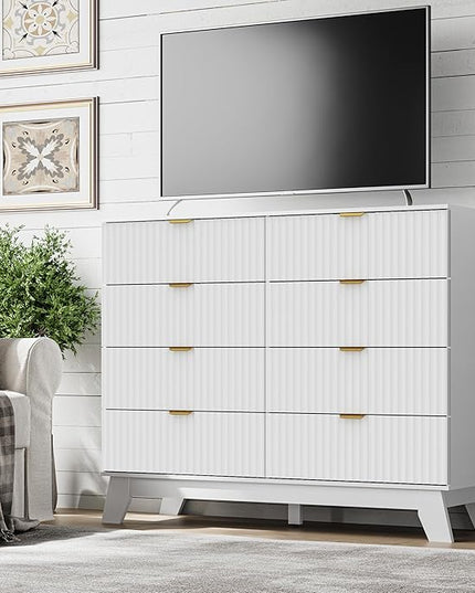 BORNOON Fluted 8 Drawer Tall Dresser, 47.2" Wide Modern Boho Chest of Drawers, Wooden Storage Dresser TV Stand for Bedroom, Living Room, Closet, Hallway, Curved Profile Design