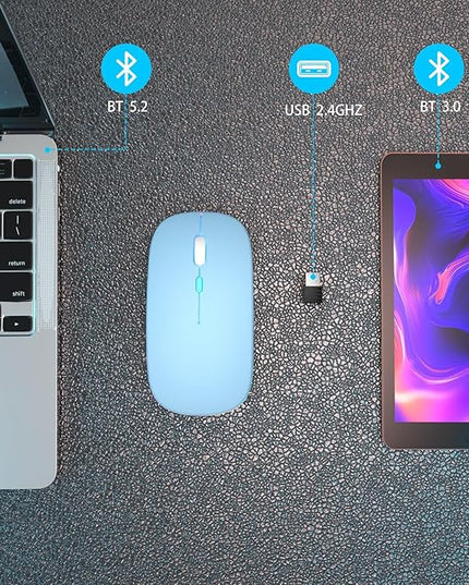 Wireless Bluetooth Mouse Rechargeable Laptop Mice with LED Use Portable(BT5.2 and USB 2.4G) Dual Mode Connection Silent Slim Computer Mouse for Laptop/iPad Tablet/Apple MacBook/PC(Blue)