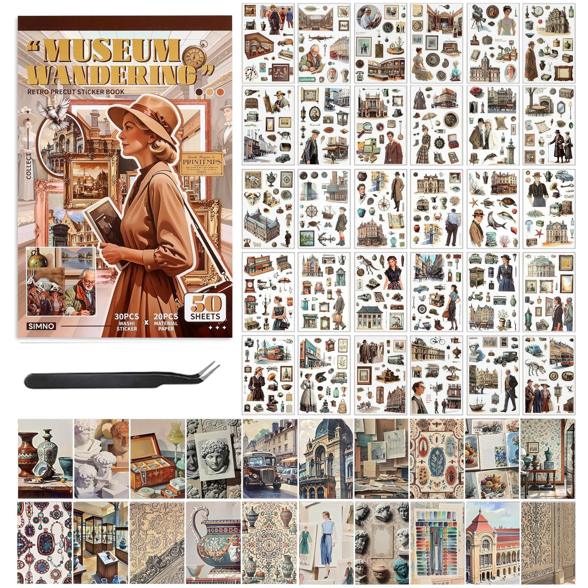 Vintage washi Stickers, Pre-Cut Ephemera Sticker Book for Journaling with 500 Scrapbook Stickers and 20 Scrapbook Papers, Aesthetic Junk Journal Supplies for Adults DIY Art Paper Crafts Collage