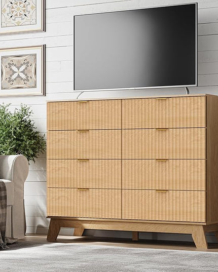 BORNOON Fluted 8 Drawer Tall Dresser, 47.2" Wide Modern Boho Chest of Drawers, Wooden Storage Dresser TV Stand for Bedroom, Living Room, Closet, Hallway, Curved Profile Design