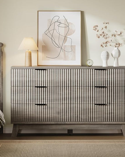 BORNOON 53" Long Dresser for Bedroom, 6-Drawer Dresser with Fluted Fronts, Wide Wood Chest of Drawers, Smooth Metal Slides, Stable Base, Modern Clothes Storage Cabinet for Living Room, Hallway