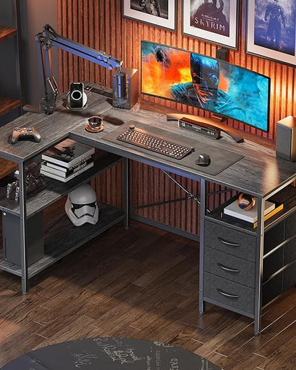 Huuger L Shaped Office Desk with Power Outlets, 47 Inch Computer Desk with 3 Drawers, Shelves, for Gaming, Corner Work, Home Office, Study, Grey