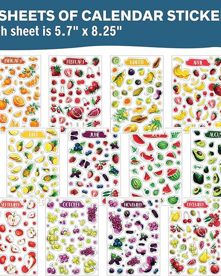 Monthly Calendar Planner Stickers - 12 Transparent Sticker Sheets with Beautiful Fruit Illustrations, Undated Calendar Stickers, Supplies for Planners or Bullet Journals