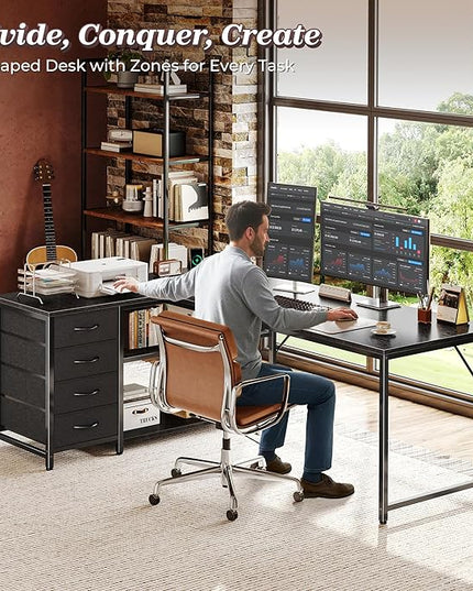 PRAISUN 61" L Shaped Desk with Power Outlets and USB-C Port, Reversible Computer Corner Office Desk with 4 Fabric Drawers and 2 Height-Adjustable Shelves, Large for Gaming Writing Work Study，Black
