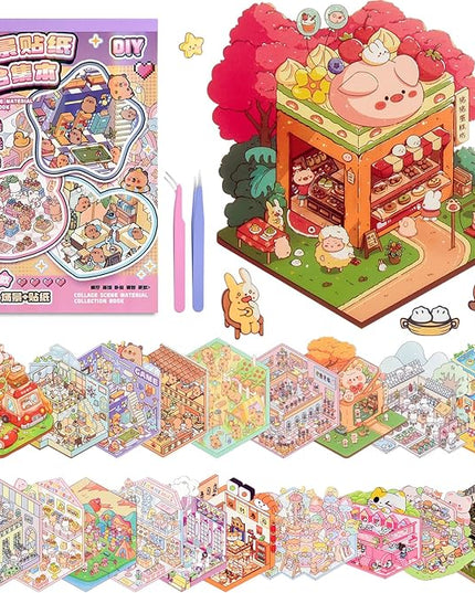 ASTARON 20 Sets DIY 3D Sticker Scene Book Sticker Therapy for Adults, Make Your Own Mini Cozy Shop House Room Stickers Cute Cartoon Miniature Stickers Relief Stress Pass The Time