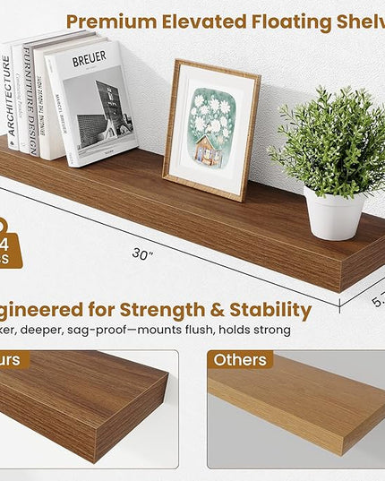 Fun Memories Floating Shelves 30 Inch, Wall Mounted Wood Shelf Set of 2, Farmhouse Decor for Bathroom, Bedroom, Kitchen, Living Room, Walnut