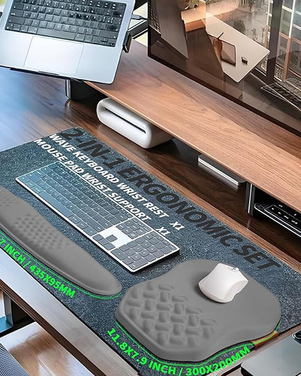 2-in-1 Ergonomic Set, Wave Keyboard Wrist Rest and Massage Slope Mouse Pad Wrist Support, Rebound Memory Foam for Relieve Carpal Tunnel Syndrome and Wrist Pain (Dark Grey)