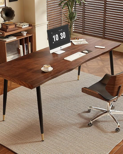 Solid Wood Desk 55 inches, Home Office Computer Desk Wooden Rustic Writing Desk Metal Modern Simple Design Executive Real Wood Desk(Walnut)