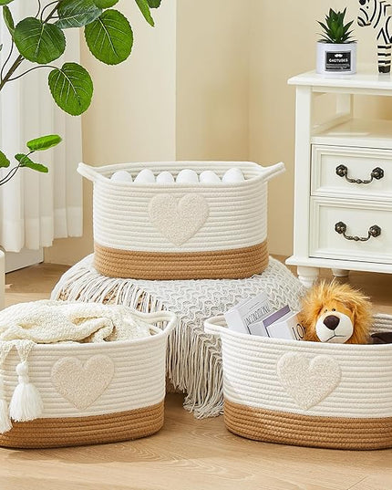Storage Bins Woven Baskets for Storage Set of 3, Cotton Rope Basket with Handles for Toys/Shelves/Laundry, Rectangle Multi-Purpose Organizer for Living Room, Bedroom, Nursery (Heart)