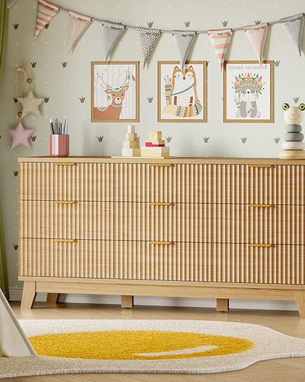 BORNOON 63" Long Dresser for Bedroom, 9-Drawer Fluted Dresser, Extra-Wide Wood Chest of Drawers with Smooth Metal Slides, Stable Base, Modern Clothes Storage Cabinet for Living Room, Hallway, Nursery