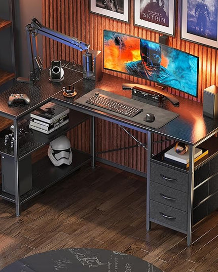 Huuger L Shaped Office Desk with Power Outlets, 47 Inch Computer Desk with 3 Drawers, Shelves, for Gaming, Corner Work, Home Office, Study, Black
