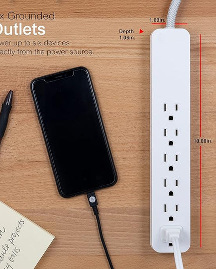 GE UltraPro 6 Outlet Surge Protector, 2 Ft Designer Braided Extension Cord, Flat Plug, Wall Mount, White, 45264