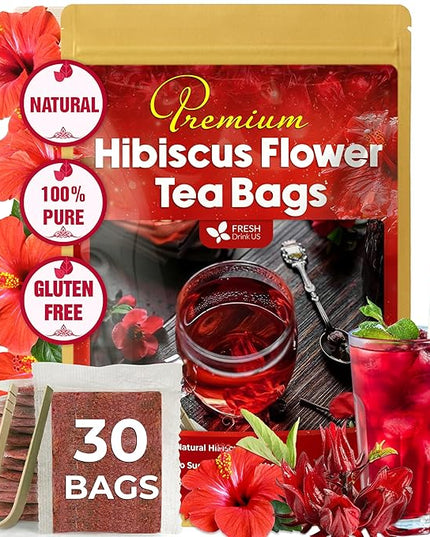 FreshDrinkUS, Premium 30 Hibiscus Flowers Tea Bags, 100% Natural & Pure from Hibiscus Flowers. Loose Flower Herbal Tea. No Sugar, No Caffeine, No Gluten, Vegan.