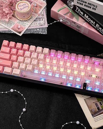 PBT and PC Material Key caps, Minimalist Gradient Pink Transparent Keycap, Crystal Custom Key Cap 160 Keys, Cherry Profile Keycap Set for Cherry Gateron MX Switches Mechanical Keyboard