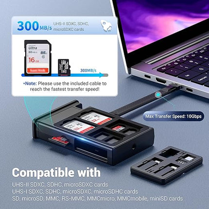 Multi SD Card Reader Case with High-Speed USB C 3.1 Gen 2 Cable & 24 Slots SD/TF Card Holder & Light/Type A/MicroUSB/OTG Adapter for Travel Phones Cameras PC Drones Data Transfer Plug and Play - Gray