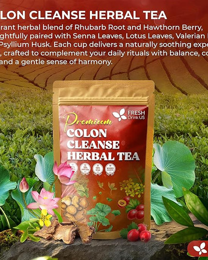 FreshDrinkUS, Premium Colon Cleanse Tea – 60 Tea Bags – Rhubarb Root & Hawthorn Berry with Senna, Lotus Leaf, Valerian Root & Psyllium Husk – Herbal Blend, Caffeine-Free. Vegan