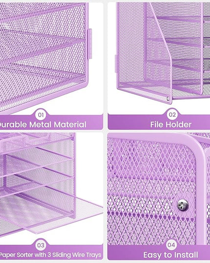 Lavatino 5-Tier Metal Mesh Desk Organizer with File Holder & 7 Customizable Compartments | Paper Letter Tray for Office or Home Desk Storage | Keep Workspace Supplies Neat & Organized, Purple