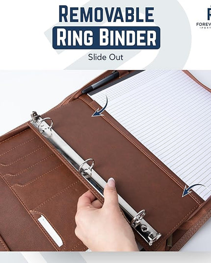 Forevermore Portfolios Padfolio Binder - Professional Faux Leather Travel Organizer Pouch for Tablet, Documents, Presentation Folders, Zipper Closure, Removable 3-Ring Notepad - Brown