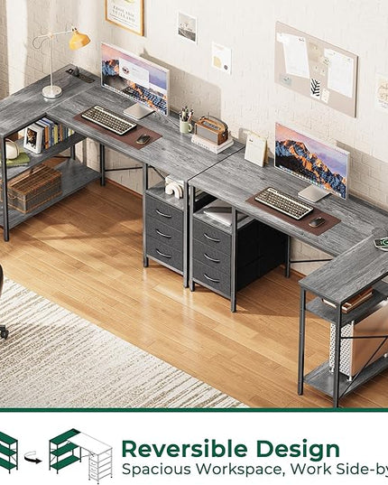 Huuger L Shaped Office Desk with Power Outlets, 47 Inch Computer Desk with 3 Drawers, Shelves, for Gaming, Corner Work, Home Office, Study, Grey