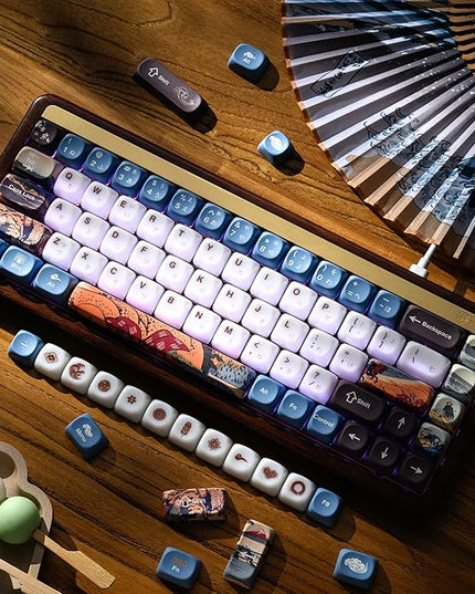 OHY XVX MOA Profile Keycaps Set, Japanese Mount FujiTheme 132 - Key White & Blue Custom Keycaps with PBT + Frosted Translucent PC Material for ANSI Layout Mechanical Keyboards- - Musashi Senju