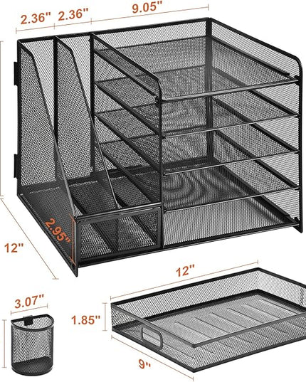 Marbrasse Desk Organizer with File Holder, 5-Tier Paper Letter Tray Organizer with Drawer and 2 Pen Holder, Mesh Desktop Organizer and Storage with Magazine Holder for Office Supplies(Black)
