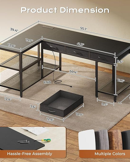 PRAISUN 55 Inch L Shaped Office Desk with Power Outlets and Type-C Port, Large Computer Gaming Desk with 3 Fabric Drawers, Mesh Shelves, Corner Study Work Writing Desk, Black