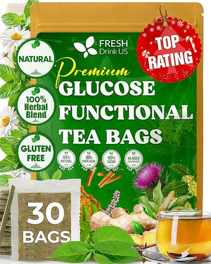 FreshDrinkUS, Premium 30 Tea Bags Glucose Functional Tea – Herbal Blend with Gymnema, Cinnamon, Bitter Melon, Tulsi & More –– Caffeine-Free. Sugar-Free. Gluten-Free. Vegan