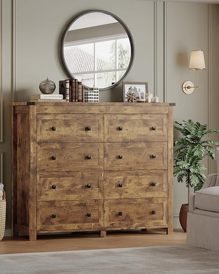 BORNOON Tall 8-Drawer Dresser, Modern Wooden Storage Chest of Drawers, Dresser TV Stand, Wood Drawer Organizer with Metal Handles for Bedroom, Living Room, Hallway