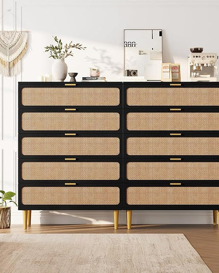Garvee Rattan Dresser with 5 Drawers, Tall Modern Closet with Deep Storage, Large Chest of Drawers with Wide Top, Long Wooden Dresser for Bedroom, Living Room, Hallway, Kids Room, Black